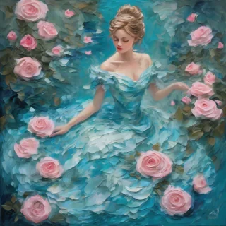 A mesmerizing impasto oil painting viewed from above, featuring a graceful princess in an enchanted palace garden. Her elegant gown, painted with thick, expressive brushstrokes, flows in layered swirls of aquamarine and soft blue, echoing the delicate ripples of a hidden royal pond. Delicate pink butterflies flutter around her, mirroring the pink petals of blooming roses scattered over a luminous mosaic walkway. Textured pebbles and intricate floral patterns form a magical tapestry beneath her, while the dynamic impasto technique adds depth and movement to the scene, encapsulating the warmth, regal elegance, and whimsical charm of a fairy-tale realm.