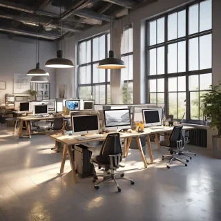 32k hd high quality photorealistic image of people working studio offic open floor plan