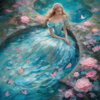 A mesmerizing impasto oil painting viewed from above, featuring a graceful princess in an enchanted palace garden. Her elegant gown, painted with thick, expressive brushstrokes, flows in layered swirls of aquamarine and soft blue, echoing the delicate ripples of a hidden royal pond. Delicate pink butterflies flutter around her, mirroring the pink petals of blooming roses scattered over a luminous mosaic walkway. Textured pebbles and intricate floral patterns form a magical tapestry beneath her, while the dynamic impasto technique adds depth and movement to the scene, encapsulating the warmth, regal elegance, and whimsical charm of a fairy-tale realm.