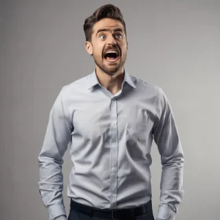 a man standing waist up wearing a office shirt looking amazed