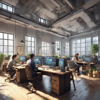 32k hd high quality photorealistic image of people working studio offic open floor plan