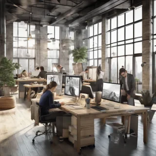32k hd high quality photorealistic image of people working studio offic open floor plan