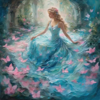 A mesmerizing impasto oil painting viewed from above, featuring a graceful princess in an enchanted palace garden. Her elegant gown, painted with thick, expressive brushstrokes, flows in layered swirls of aquamarine and soft blue, echoing the delicate ripples of a hidden royal pond. Delicate pink butterflies flutter around her, mirroring the pink petals of blooming roses scattered over a luminous mosaic walkway. Textured pebbles and intricate floral patterns form a magical tapestry beneath her, while the dynamic impasto technique adds depth and movement to the scene, encapsulating the warmth, regal elegance, and whimsical charm of a fairy-tale realm.