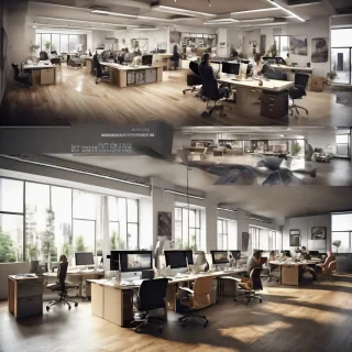 32k hd high quality photorealistic image of people working studio offic open floor plan