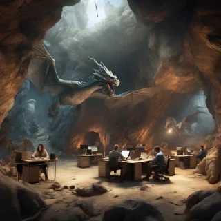 32k hd high quality photorealisticn image of people working in a office in a cave with dragons