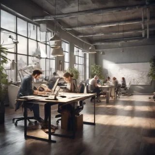 32k hd high quality photorealistic image of people working studio offic open floor plan