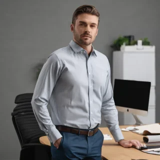 a man standing waist up wearing a office shirt