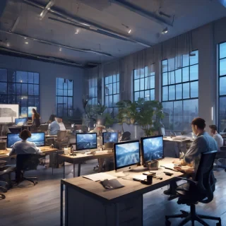 32k hd high quality photorealistic image of people working studio offic open floor plan