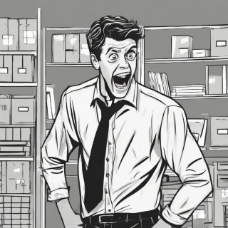 a man standing waist up wearing a office shirt looking amazed