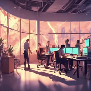 people working studio office on a rollercoster