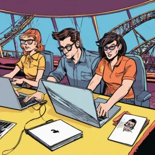 people working a laptop on a rollercoster