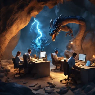 32k hd high quality photorealisticn image of people working in a office in a cave while fighting dragons