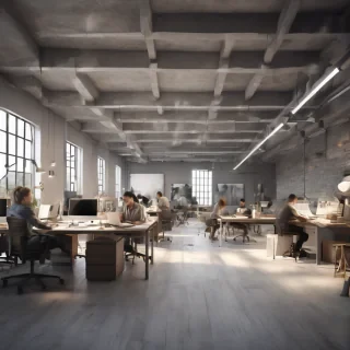 32k hd high quality photorealistic image of people working studio offic open floor plan