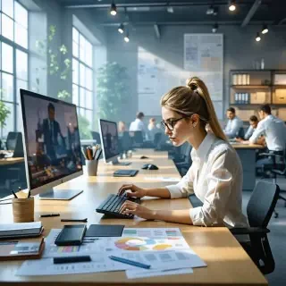 32k hd high quality photorealisticn image of people working in a office  fantasy art office