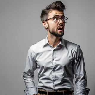 a man standing waist up wearing a office shirt looking amazed