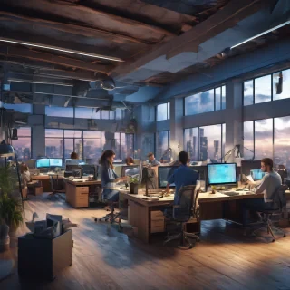 32k hd high quality photorealistic image of people working studio offic open floor plan
