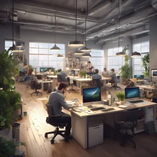 32k hd high quality photorealistic image of people working studio offic open floor plan