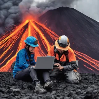 people working a laptop on volcano