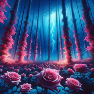 field of pink roses the size of trees in a forest