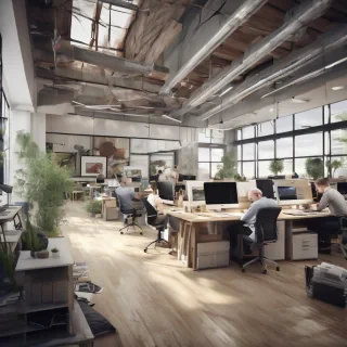 32k hd high quality photorealistic image of people working studio offic open floor plan