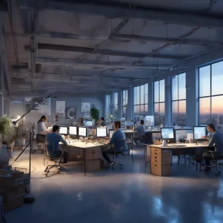 32k hd high quality photorealistic image of people working studio offic open floor plan