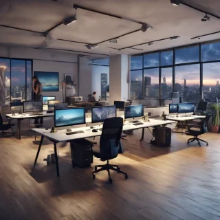 32k hd high quality photorealistic image of people working studio offic open floor plan