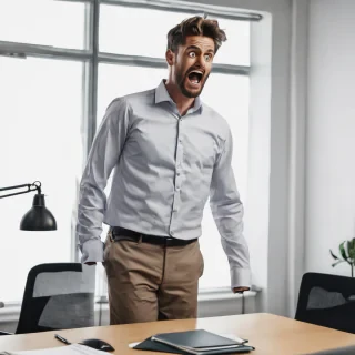 a man standing waist up wearing a office shirt looking amazed