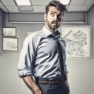 a man standing waist up wearing a office shirt looking amazed