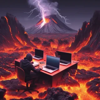 lots of people working a laptops in a studio esk office lava feild on volcano