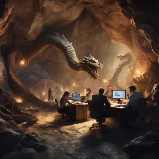 32k hd high quality photorealisticn image of people working in a office in a cave with dragons