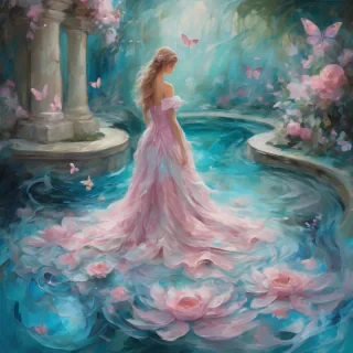 A mesmerizing impasto oil painting viewed from above, featuring a graceful princess in an enchanted palace garden. Her elegant gown, painted with thick, expressive brushstrokes, flows in layered swirls of aquamarine and soft blue, echoing the delicate ripples of a hidden royal pond. Delicate pink butterflies flutter around her, mirroring the pink petals of blooming roses scattered over a luminous mosaic walkway. Textured pebbles and intricate floral patterns form a magical tapestry beneath her, while the dynamic impasto technique adds depth and movement to the scene, encapsulating the warmth, regal elegance, and whimsical charm of a fairy-tale realm.