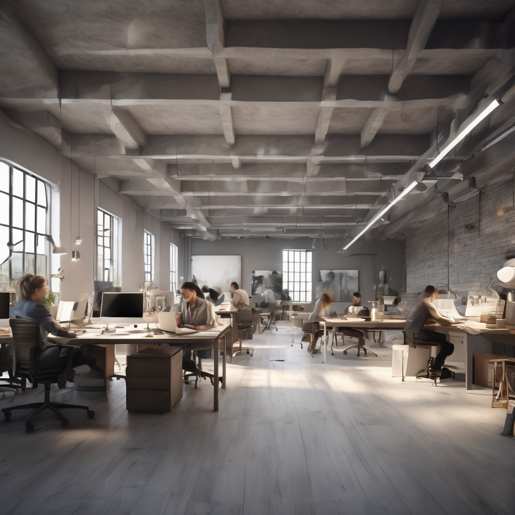 32k hd high quality photorealistic image of people working studio offic open floor plan