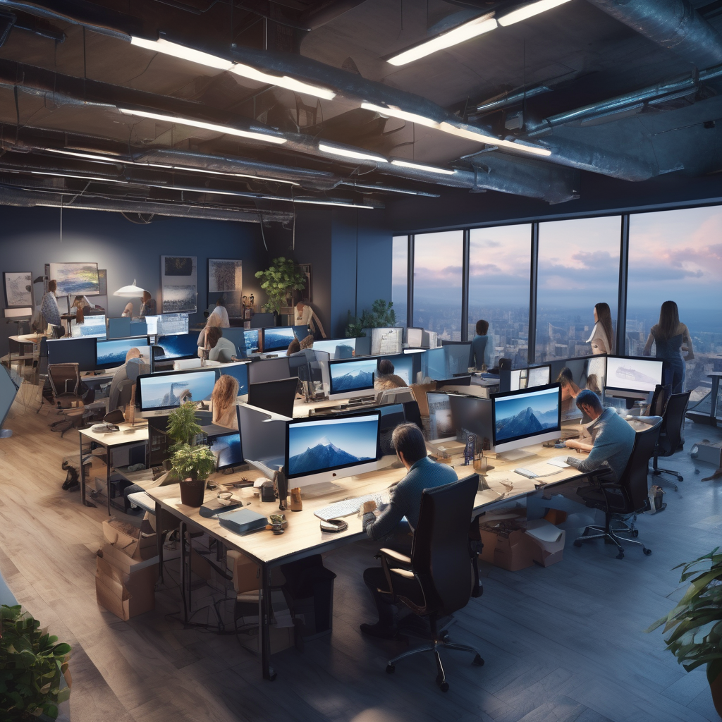 32k hd high quality photorealistic image of people working studio offic open floor plan