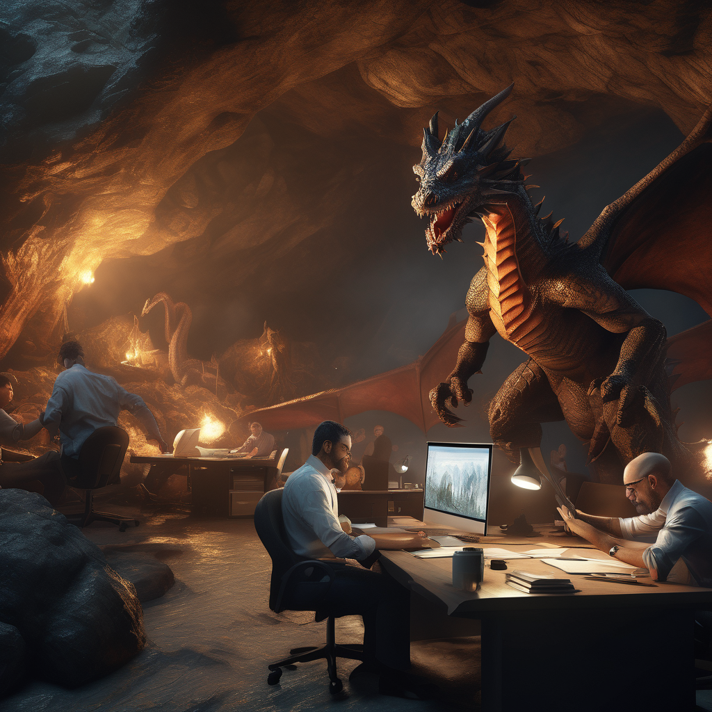 32k hd high quality photorealisticn image of people working in a office in a cave with dragons