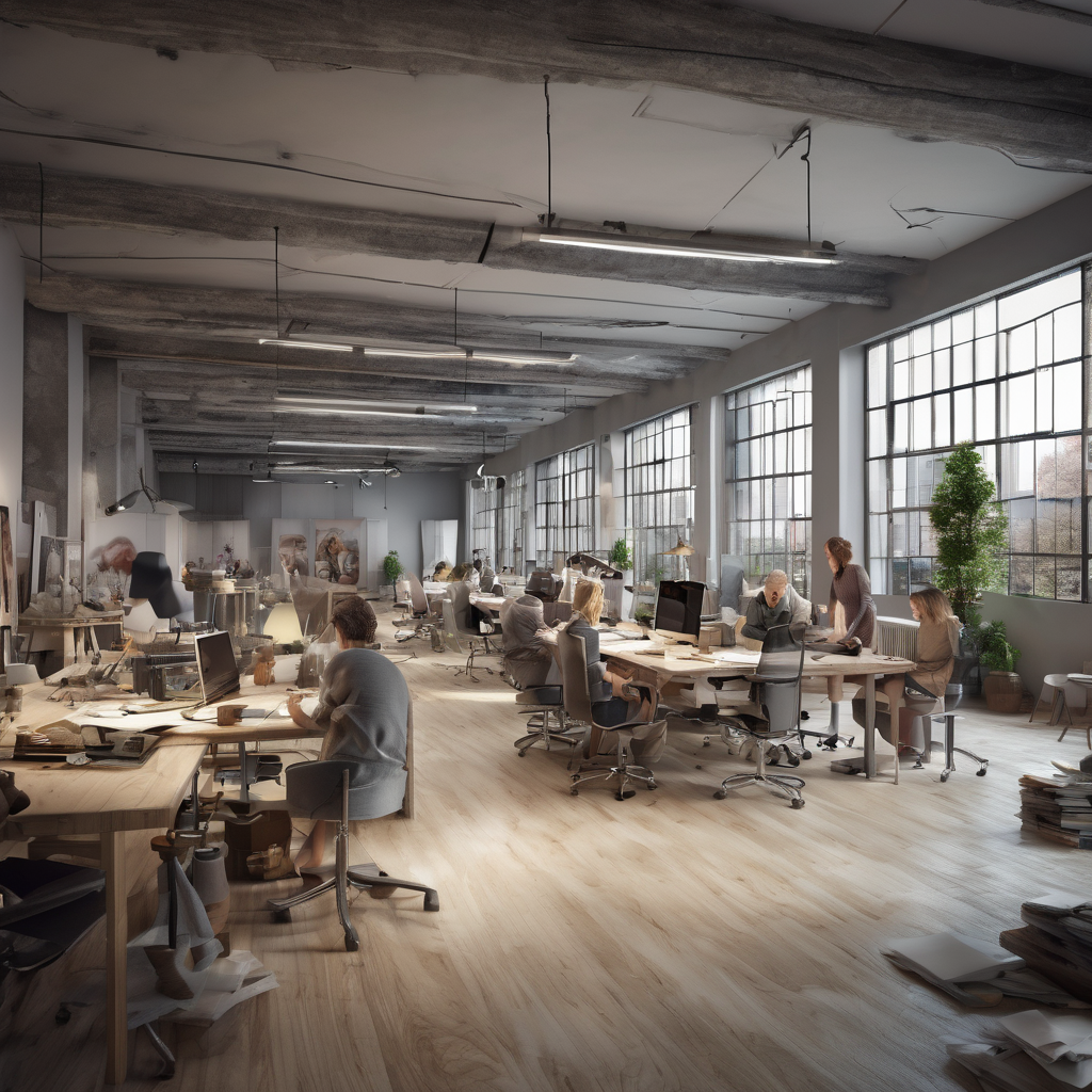 32k hd high quality photorealistic image of people working studio offic open floor plan