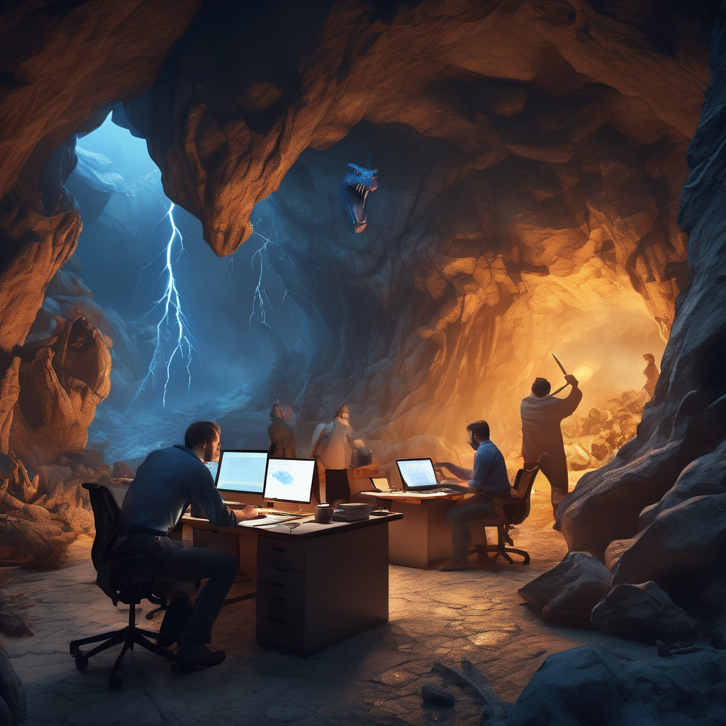32k hd high quality photorealisticn image of people working in a office in a cave while fighting dragons