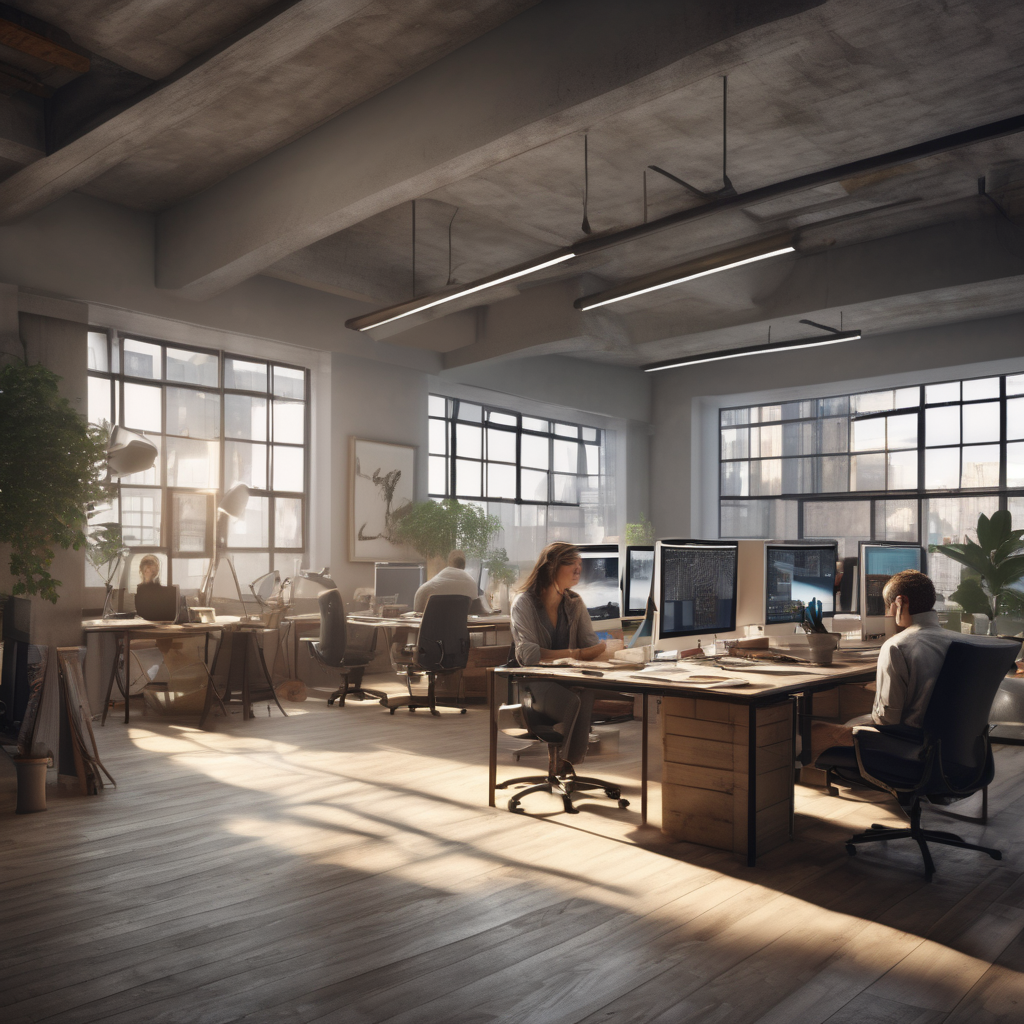 32k hd high quality photorealistic image of people working studio offic open floor plan
